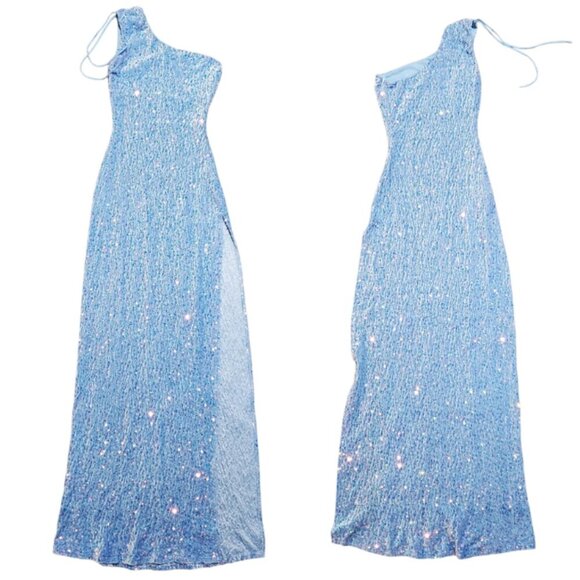 Lucy in the Sky Sequin Light Blue One Shoulder Dance Prom Maxi Dress - Small - Picture 1 of 7
